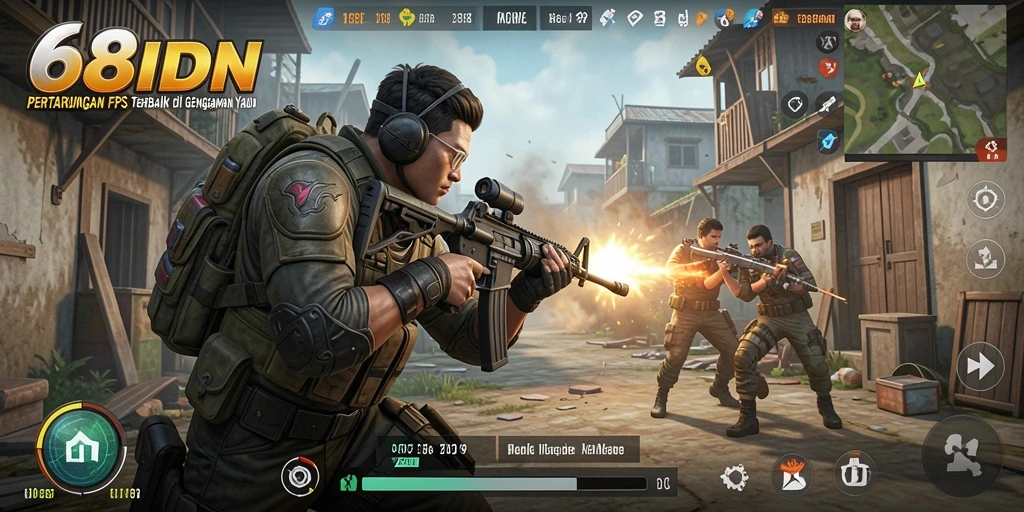 Screenshot utama 68IDN menampilkan aksi menembak yang intens di medan perang.