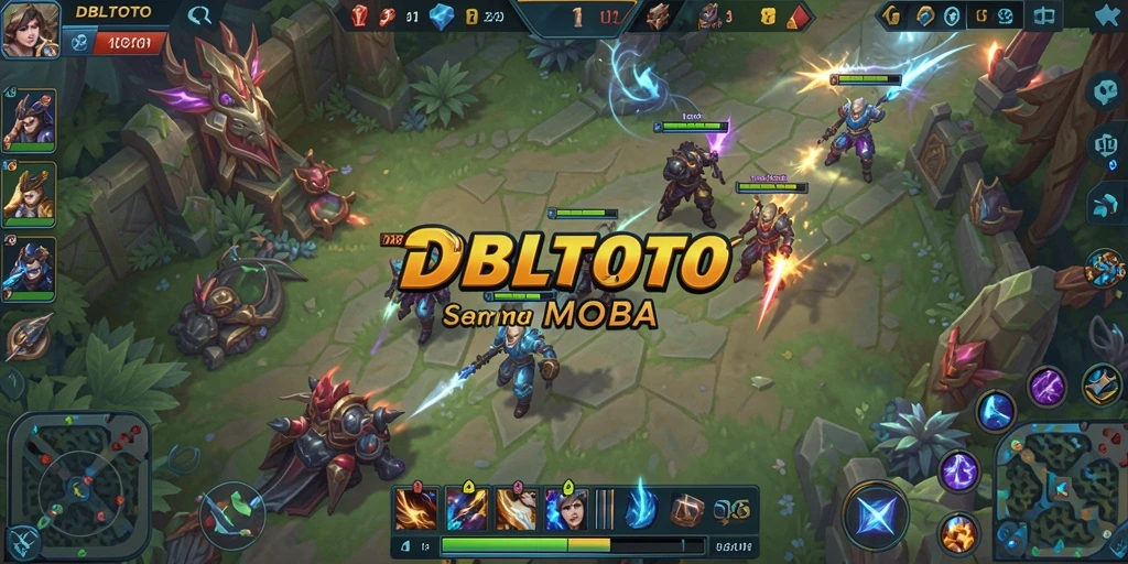 Tangkapan layar DBLTOTO menampilkan pertarungan tim yang penuh aksi dalam arena MOBA.