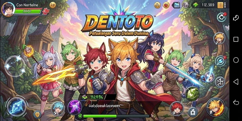 Screenshot gameplay DENTOTO dengan karakter anime yang dinamis.