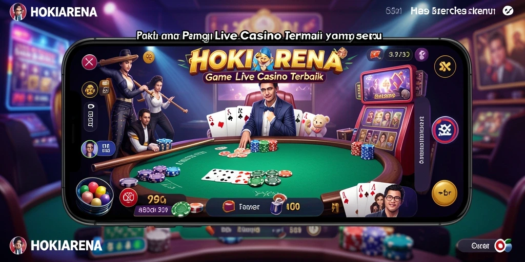 Screenshot gameplay HOKIARENA dengan dealer langsung dan suasana kasino yang mendebarkan.
