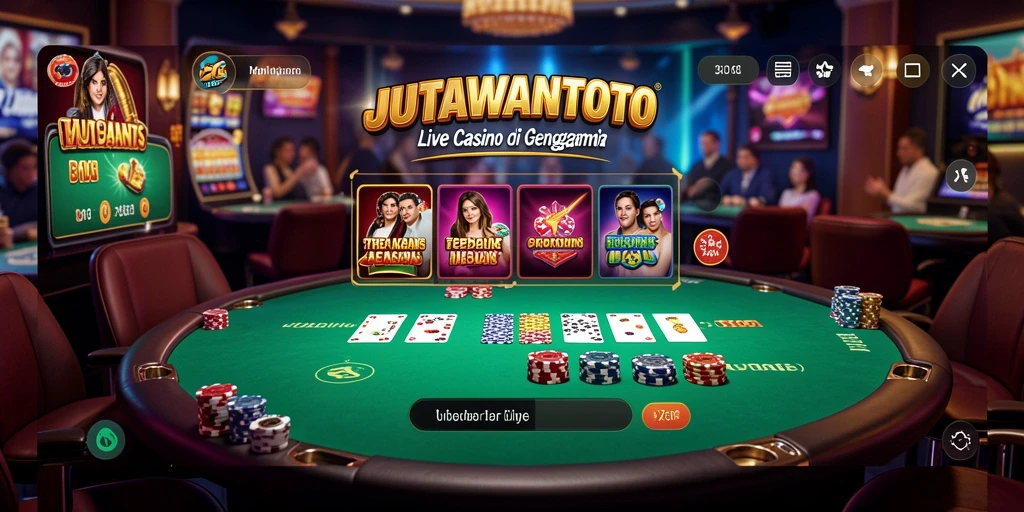 Screenshot gameplay JUTAWANTOTO menampilkan dealer profesional dan suasana kasino yang nyata.