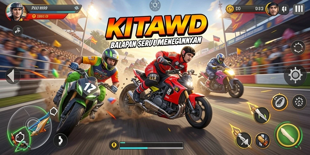 Screenshot utama KITAWD menampilkan aksi balapan yang mendebarkan.