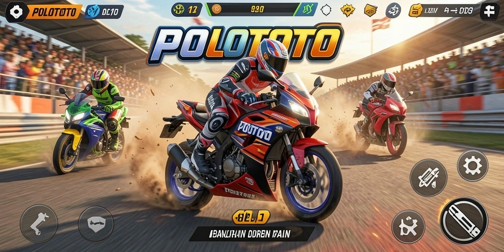 Screenshot utama POLOTOTO menampilkan aksi balap motor yang seru.