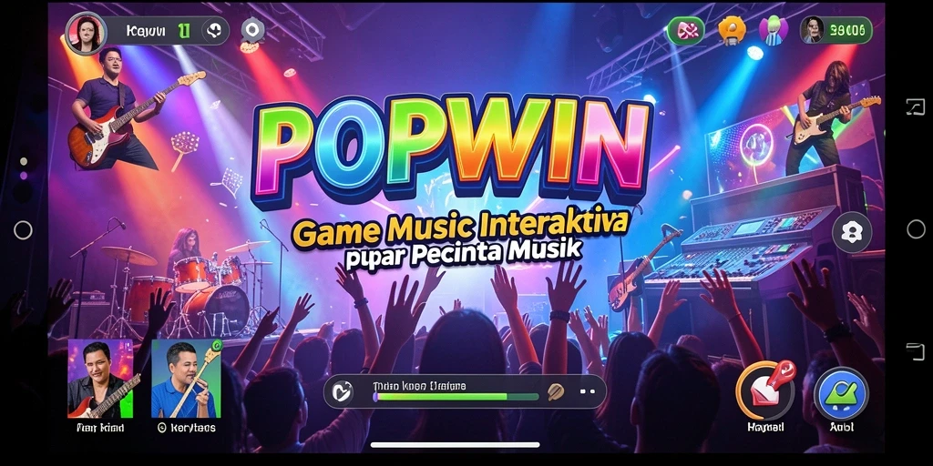 Screenshot gameplay POPWIN dengan berbagai lagu dan tantangan musik.