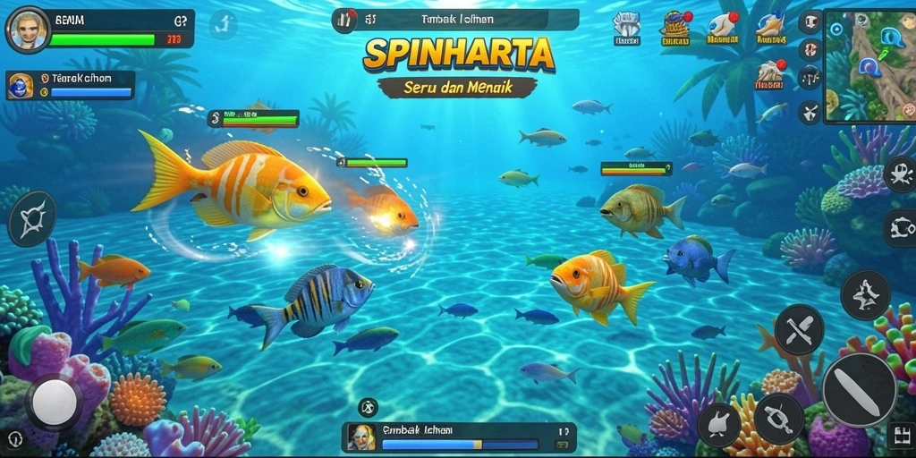 Gameplay menarik SPINHARTA dengan berbagai ikan warna-warni.