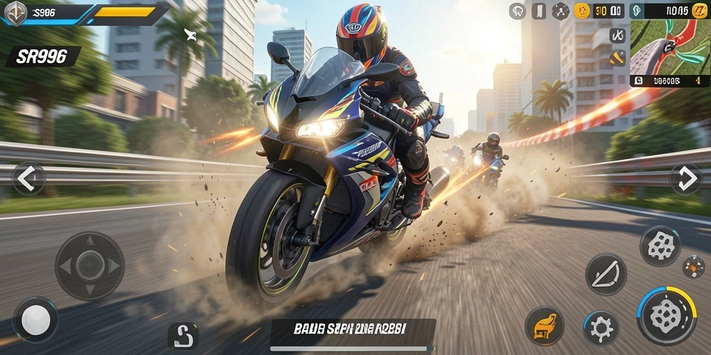 Screenshot utama menampilkan aksi balapan motor yang mendebarkan.